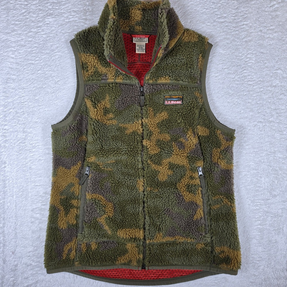 NEW LL Bean Hi-Pile Fleece Camo Men S Green Beige Full Zip Pockets 505936